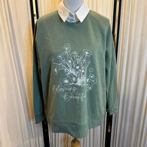 Green Boxy Graphic Sweatshirt with Dress Shirt Collar